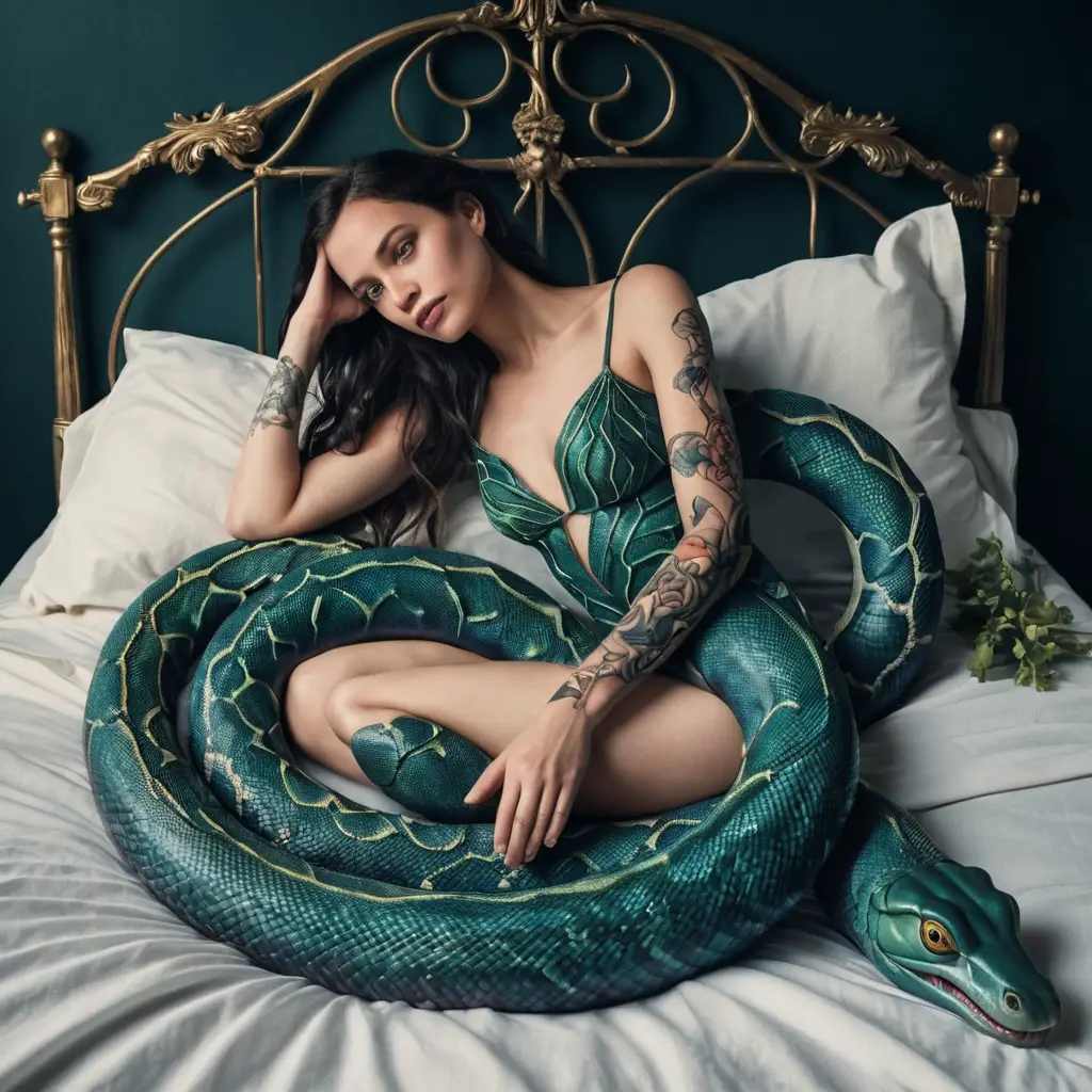 Tattooed woman on a bed of serpents under horned monster
