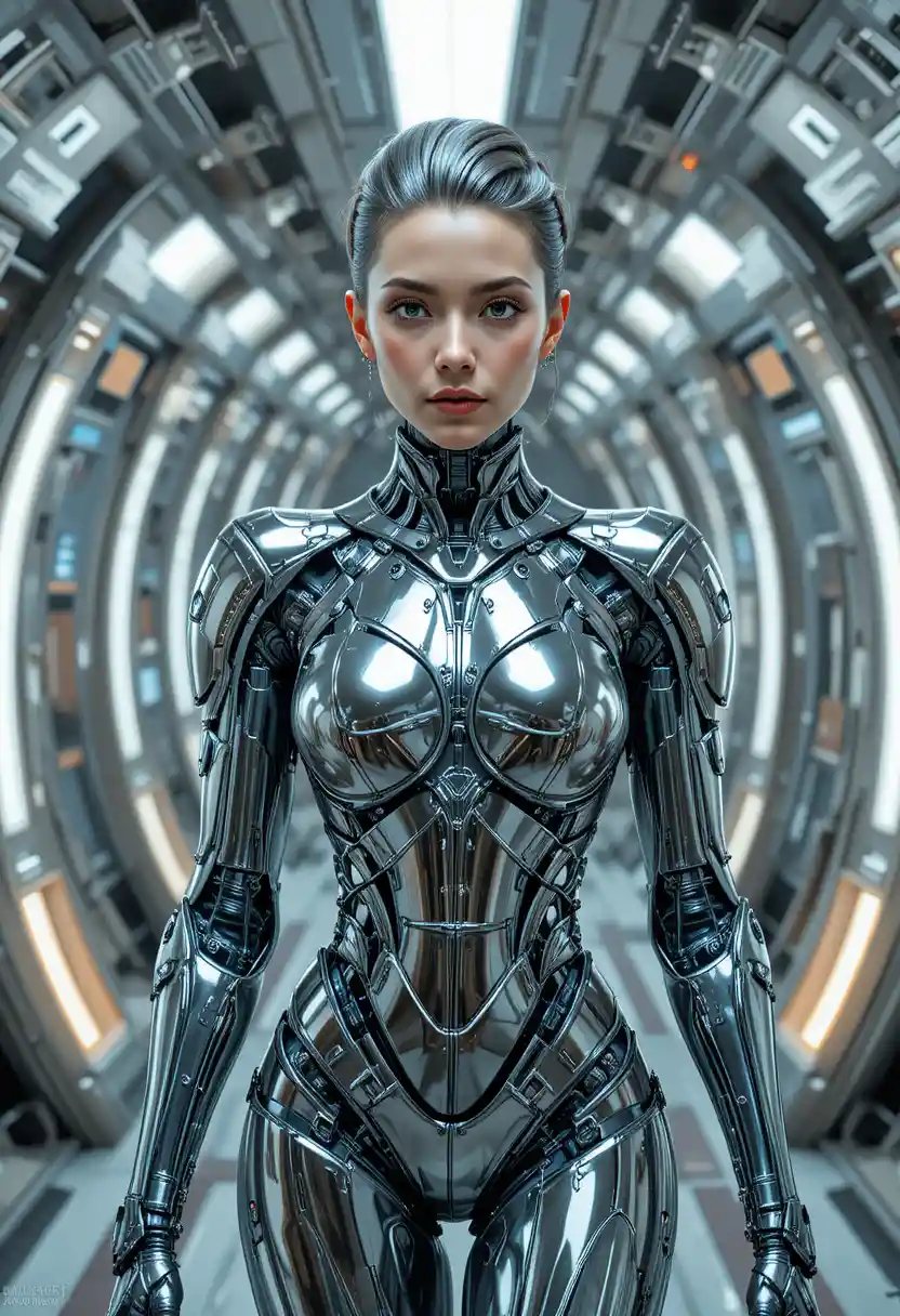 Cyborg-Frau geht durch einen futuristischen Raumschiffkorridor