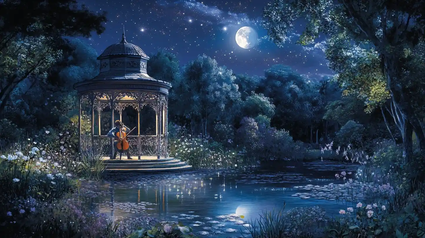 Lone violinist playing in a quiet moonlit garden