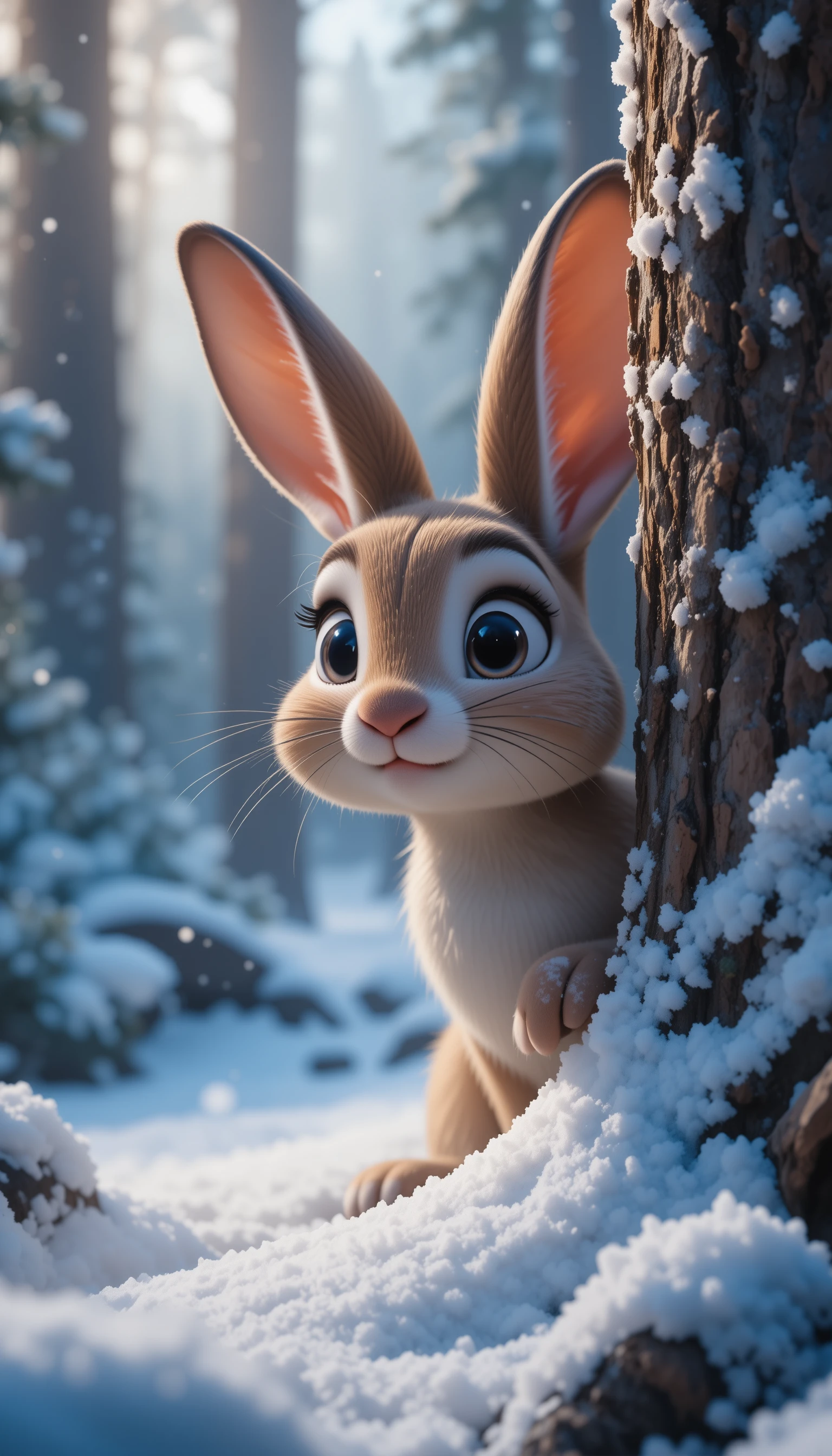 Curious snowshoe hare in a magical winter forest close up