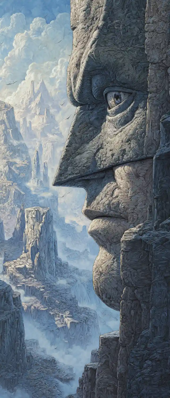 Heroic stone faces carved into a towering mountain