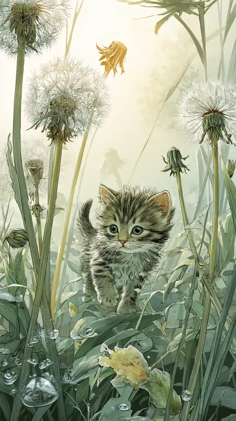 Tiny kitten exploring a dew covered dandelion meadow at dawn