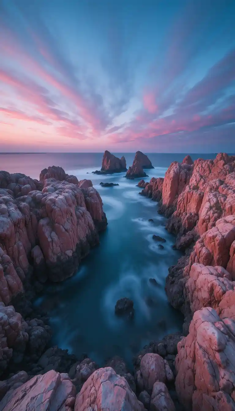 Paesaggio marino della costa di granito rosa nell'ora blu prima dell'alba