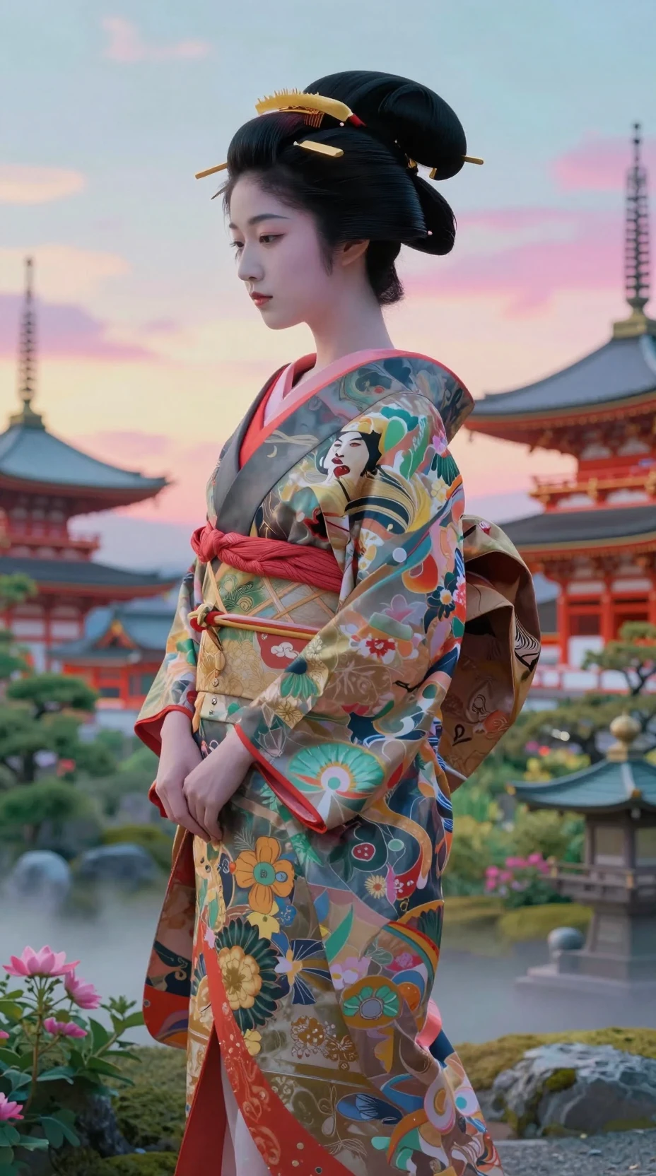 Perfil de geisha con doble exposición surreal en jardín vibrante