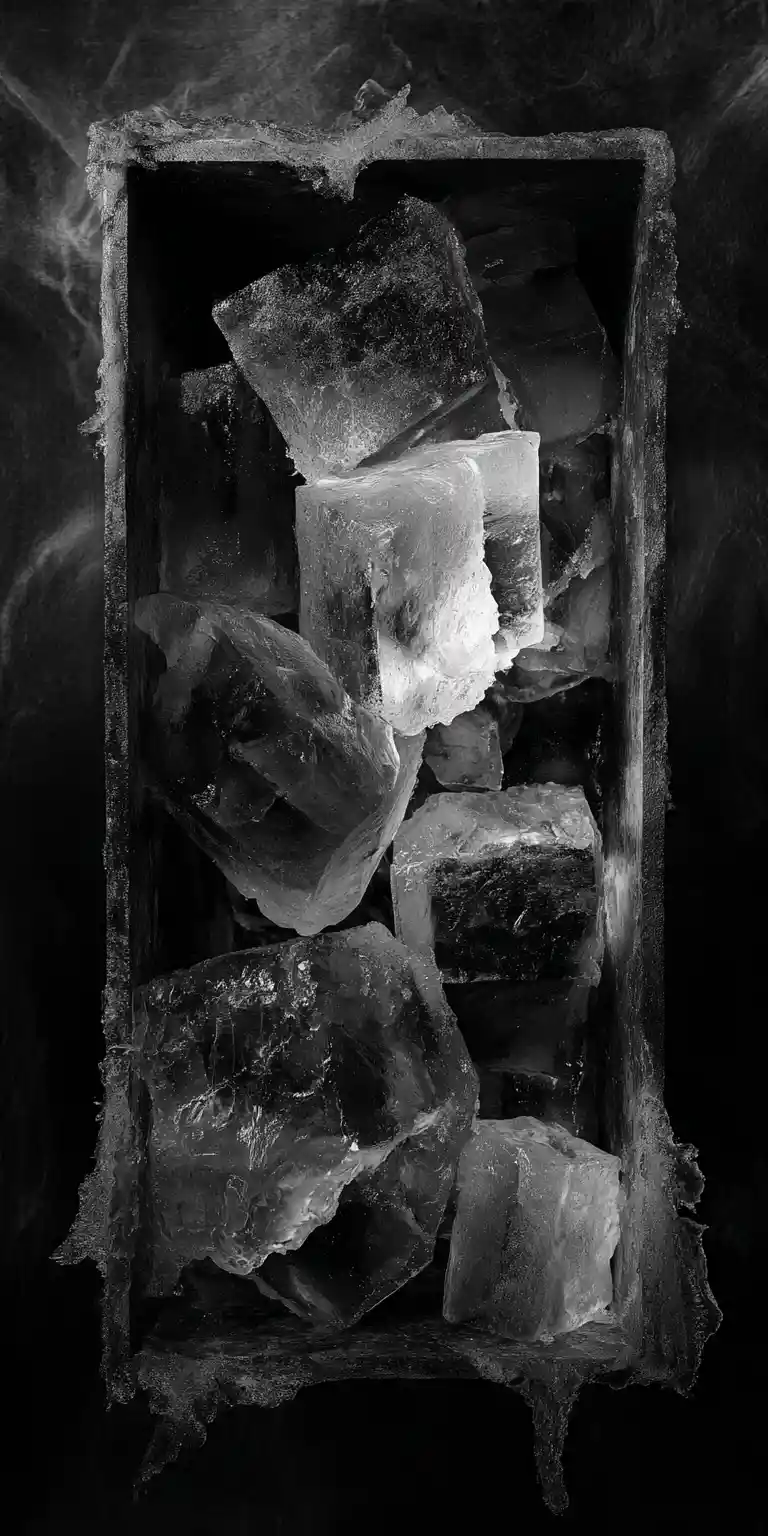 Abstract frozen cubist box packed with couture objects