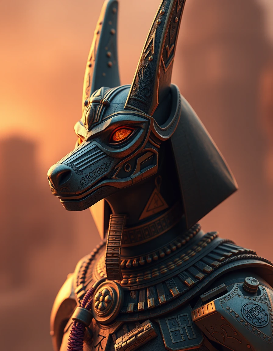 Cyberpunk vision of the Egyptian god Anubis in neon city