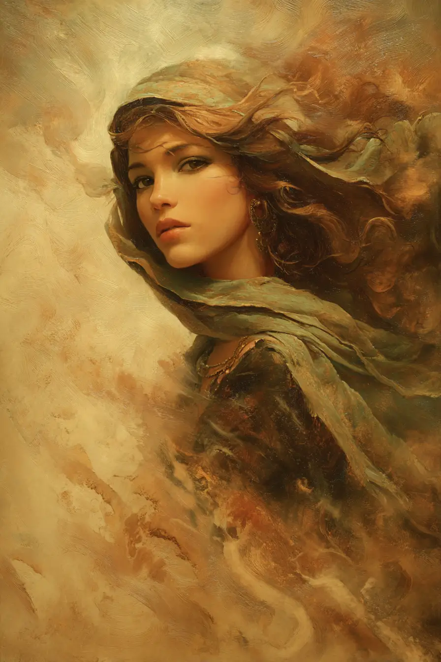 Enigmatic girl portrait in soft glowing fantasy painting