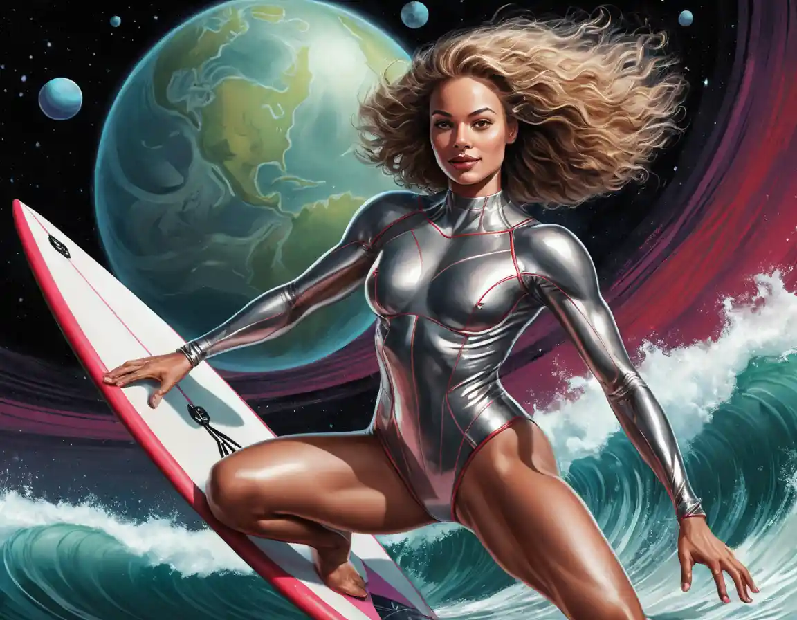 Muscular silver suited hero surfing through colorful outer space