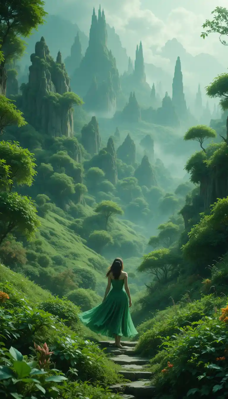 Young woman in green gown walking through magical forest