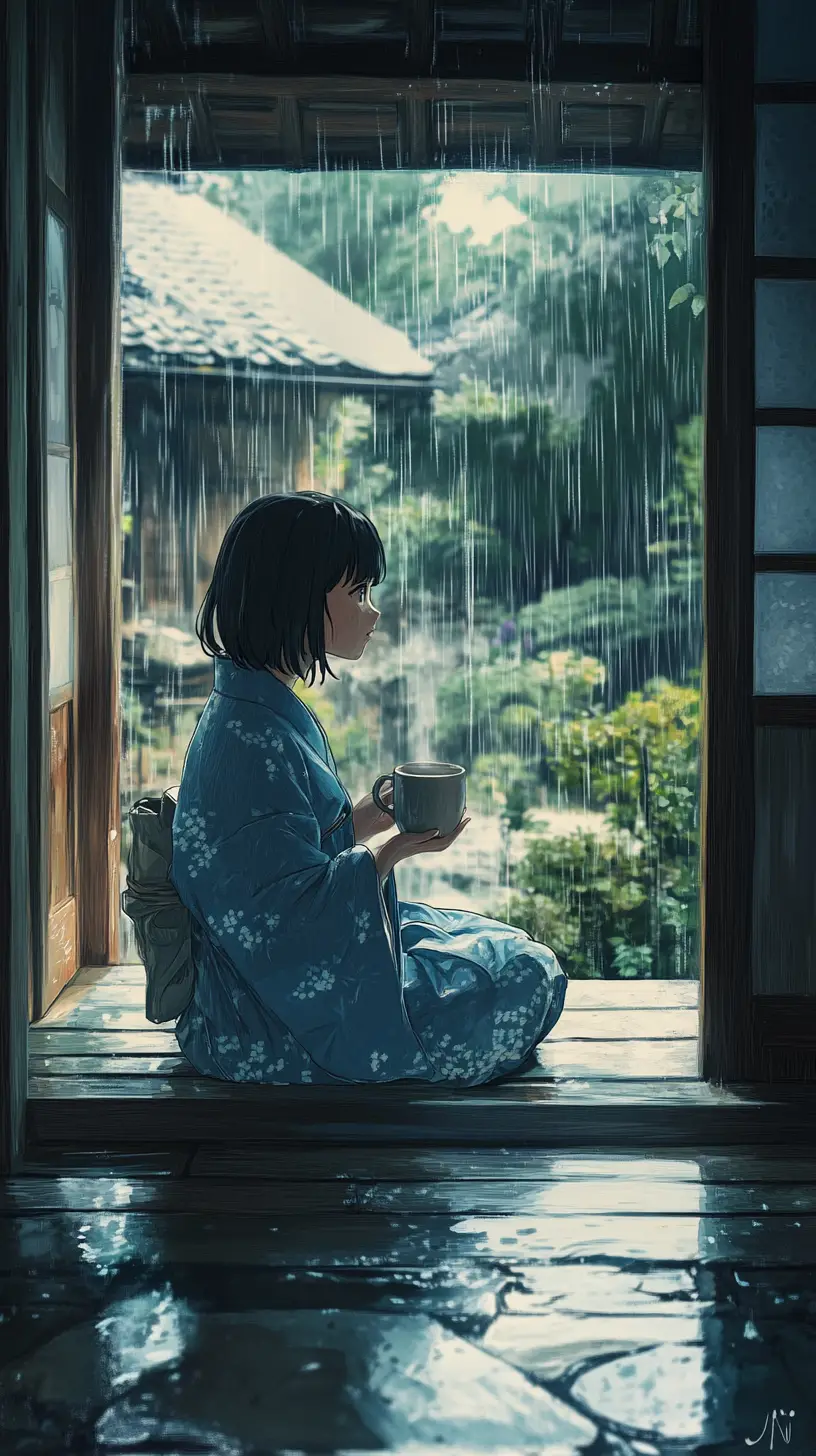 Young woman in kimono on porch watching rainy garden