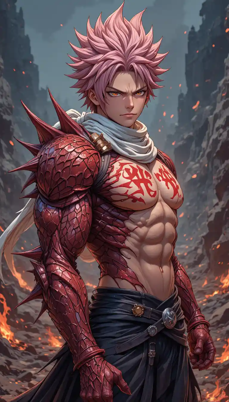 Herói de anime com braço de dragão em um ermo rochoso cheio de brasas