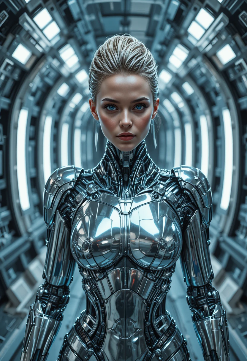 Ciborgue feminina caminhando por um corredor futurista de nave espacial
