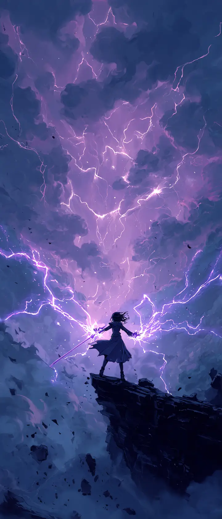 Woman summoning violet lightning above shattered jedi spire