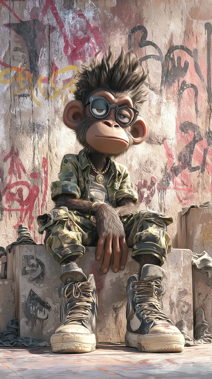 Cool young monkey on gritty urban city street