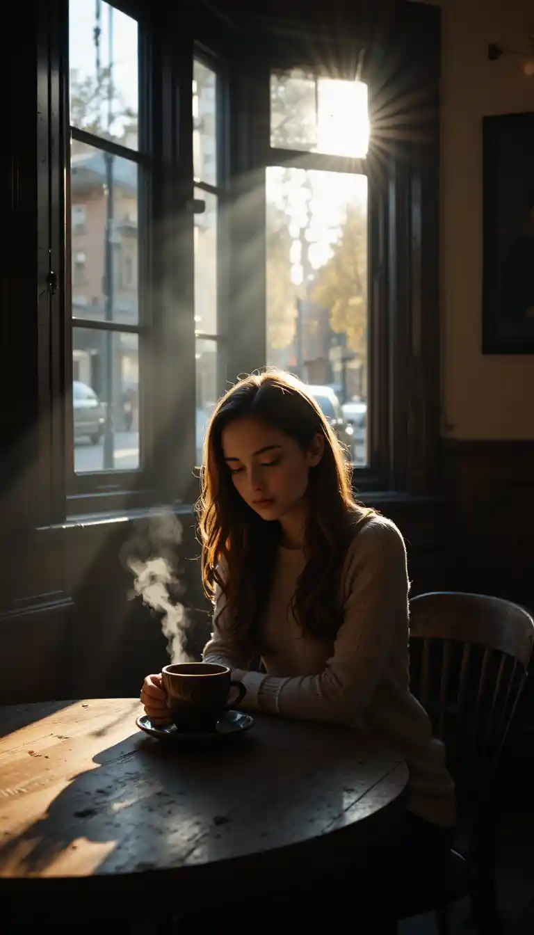 Young woman with coffee in a quiet morning cafe