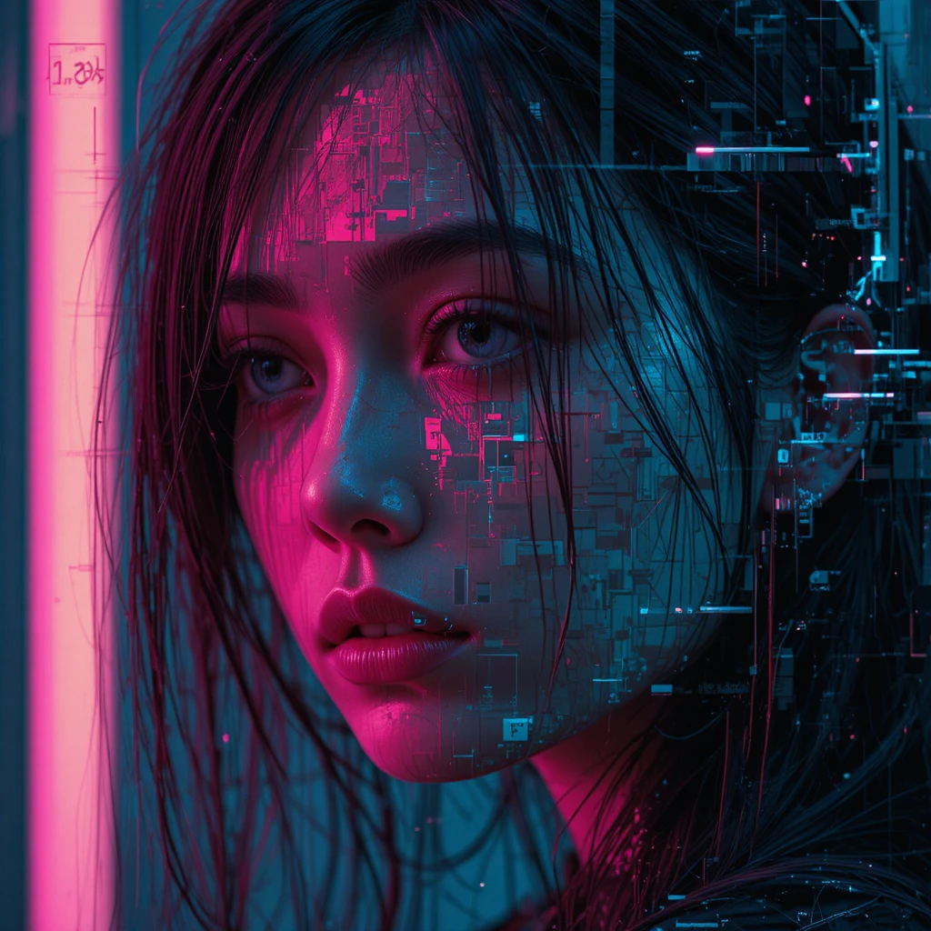 Sad woman portrait in fragmented neon glitch style