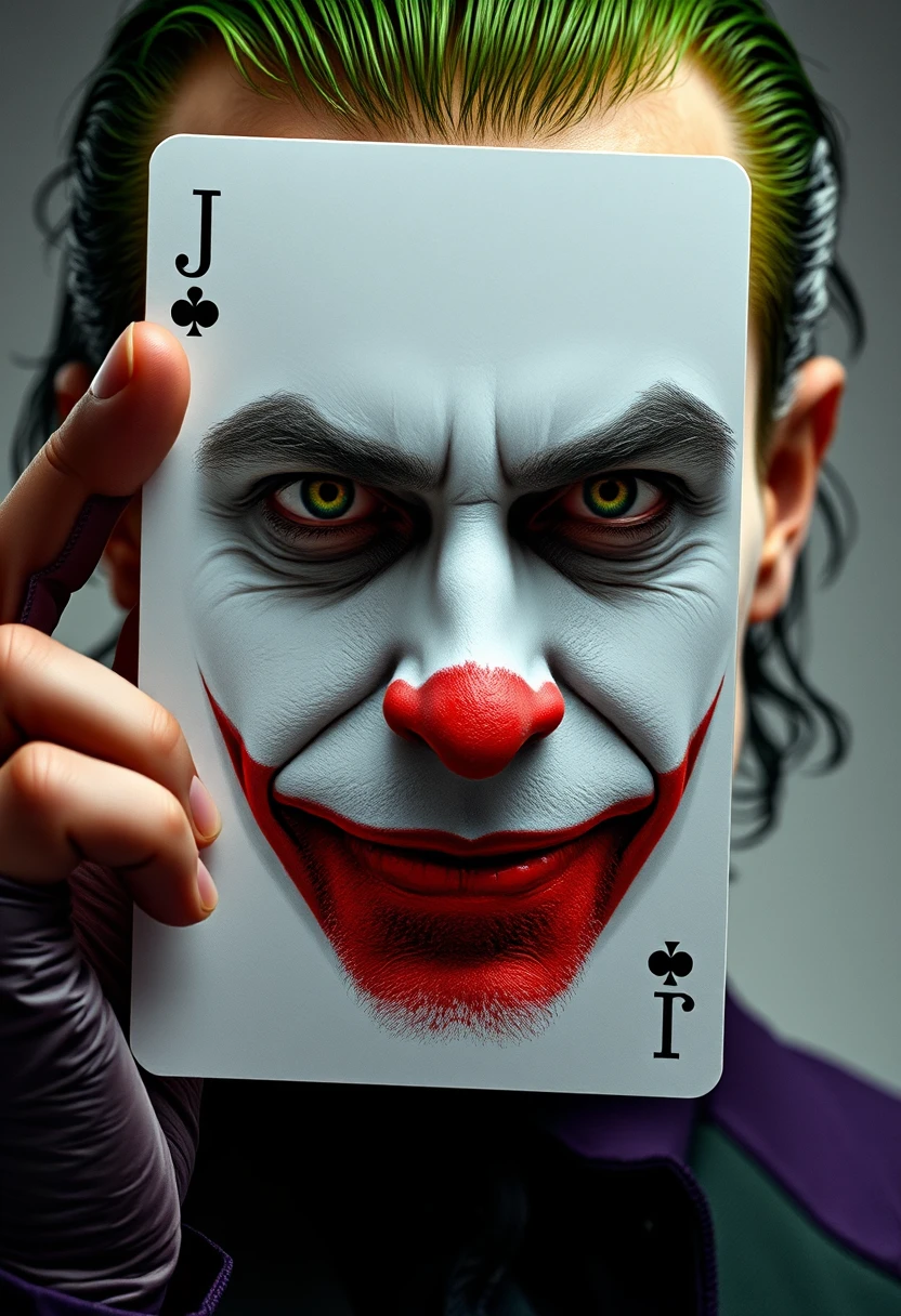 Grünhaariger Mann mit Joker-Make-up und Spielkarte in der Hand