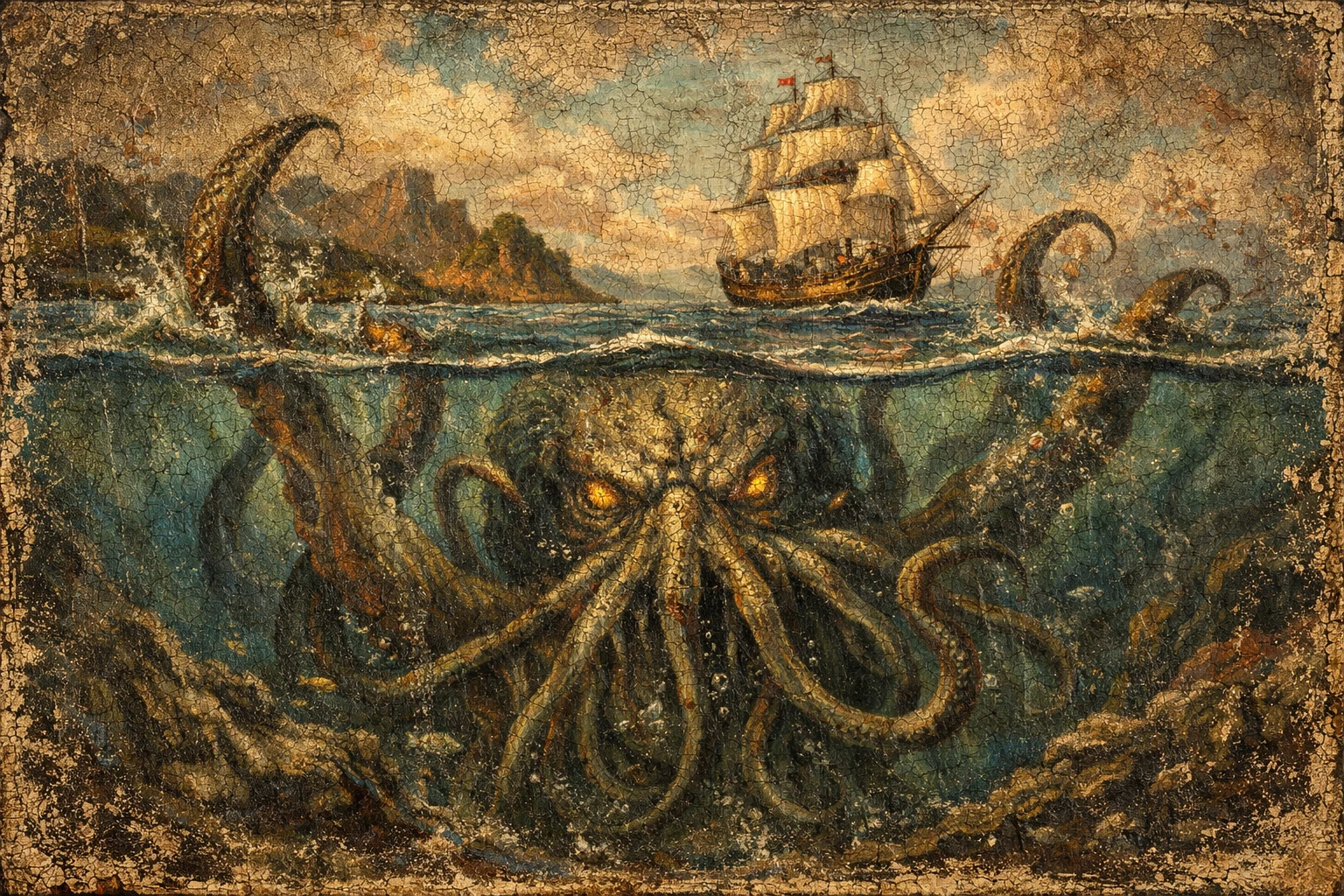Antikes Ölgemälde eines Kraken, der zu einem Segelschiff aufsteigt