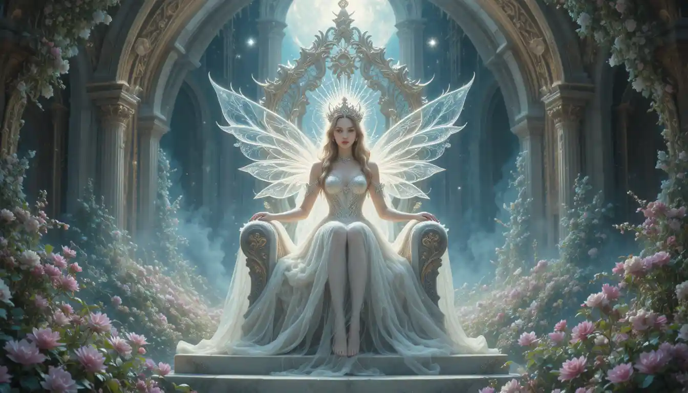 Mystical fairy queen on a moonlit crystal throne