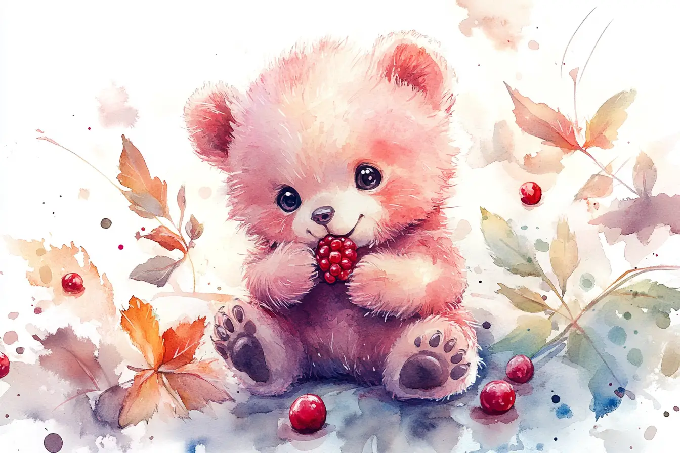 Adorable watercolor bear cub with berries in soft nature scene