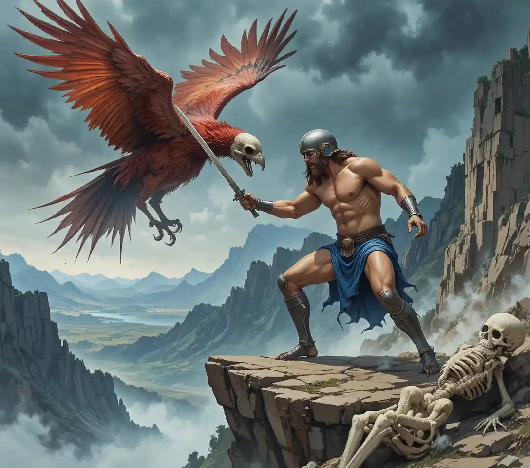 Muscular warrior battling skeleton on a stormy cliff