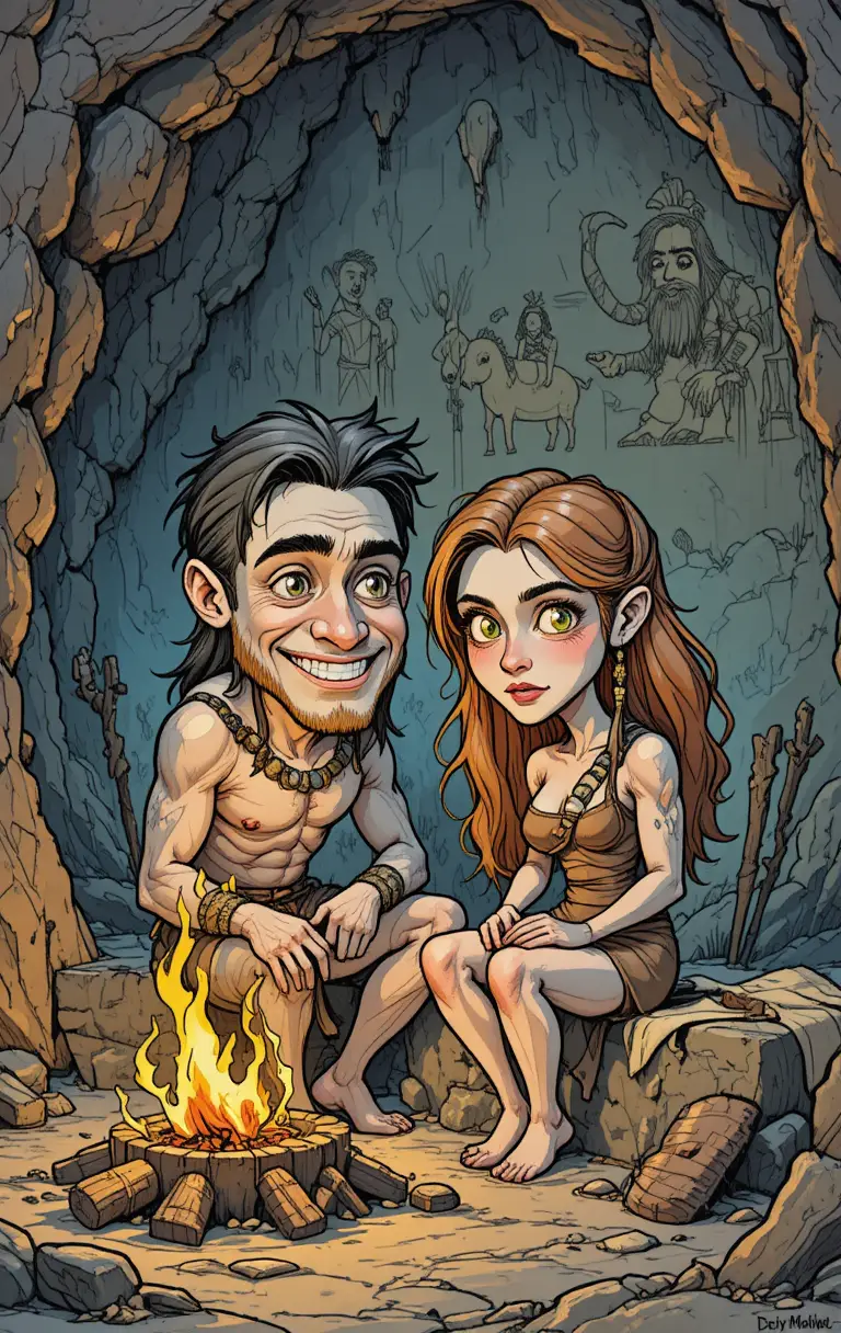 Couple de hommes des cavernes en dessin animé près d’un foyer lumineux dans une grotte