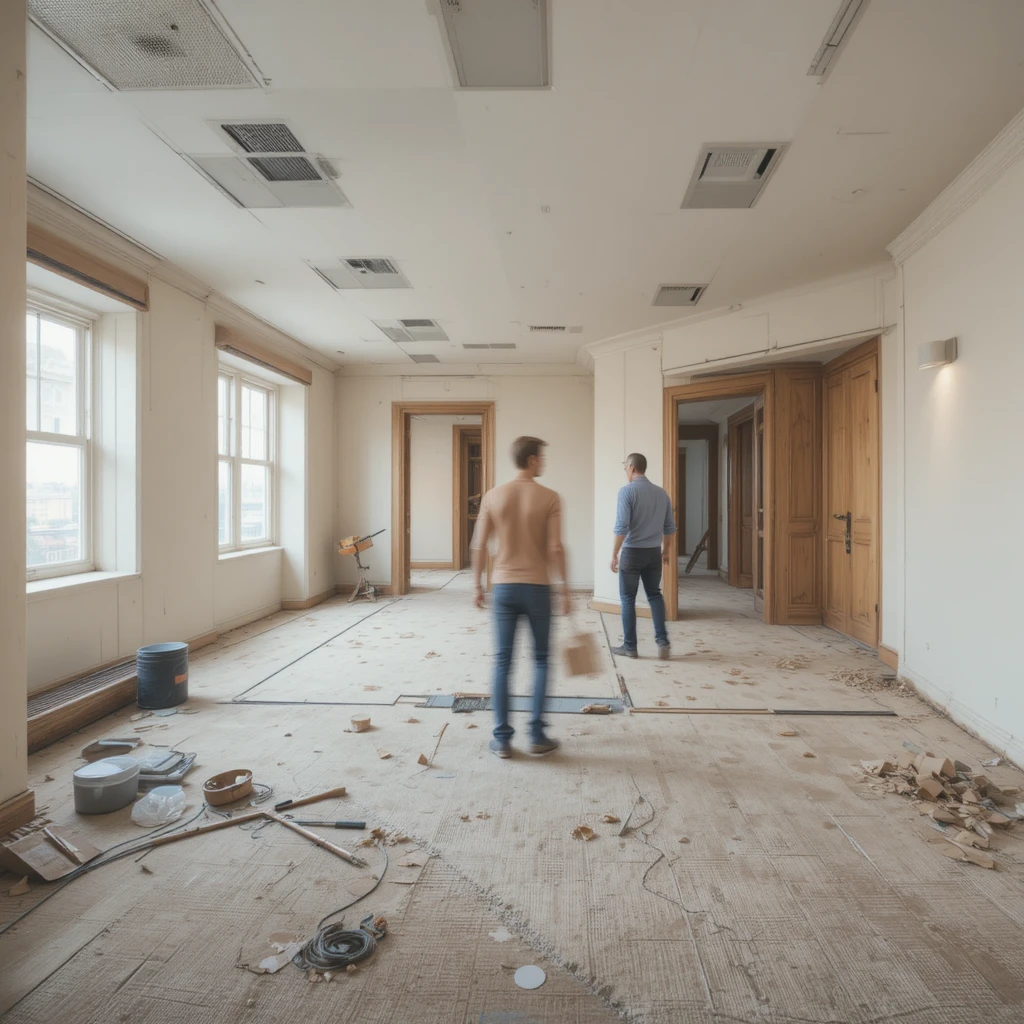 Half renovated room with workers and exposed soundproofing