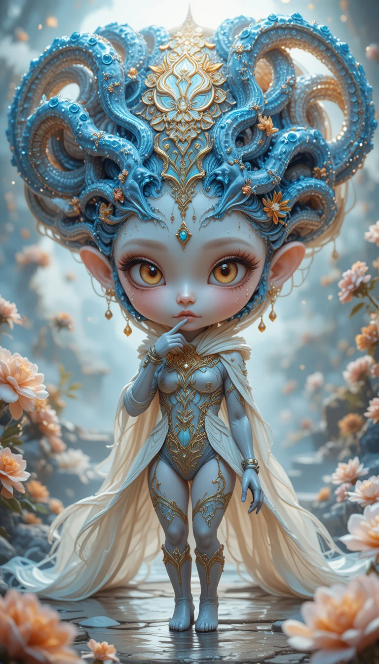 Graceful hooded spirit woman before a white fairy palace