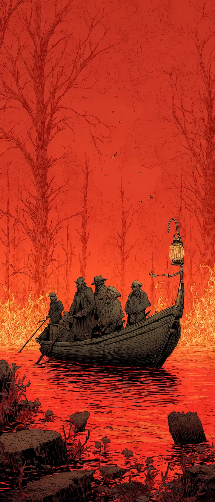 Travelers crossing a burning lake in a rugged boat