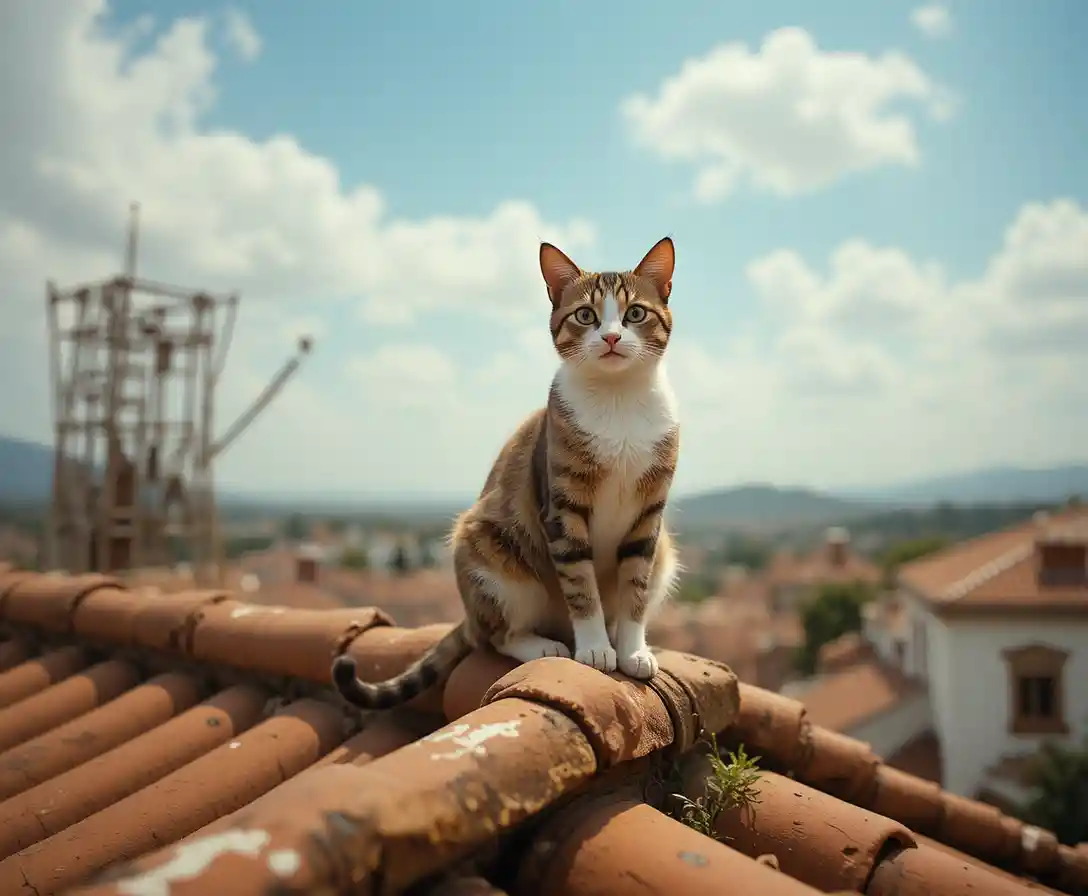 Verspielte Katze entspannt sich auf einem sonnigen Terrakotta-Dach