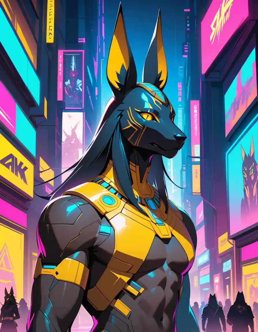 Dio Anubi cyberpunk che sovrasta una città futuristica al neon
