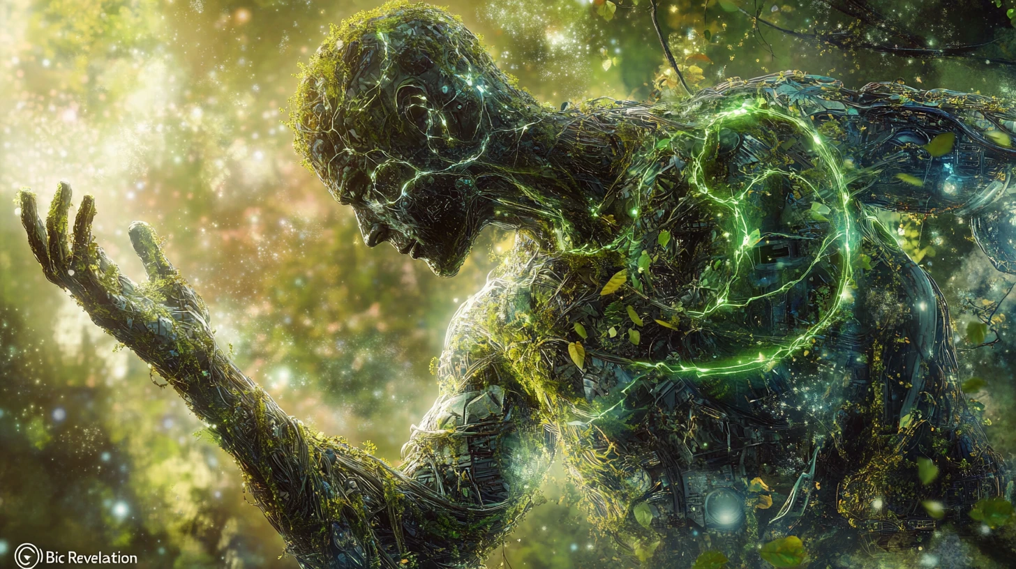 Eco tech guardian cyborg with glowing energy patterns