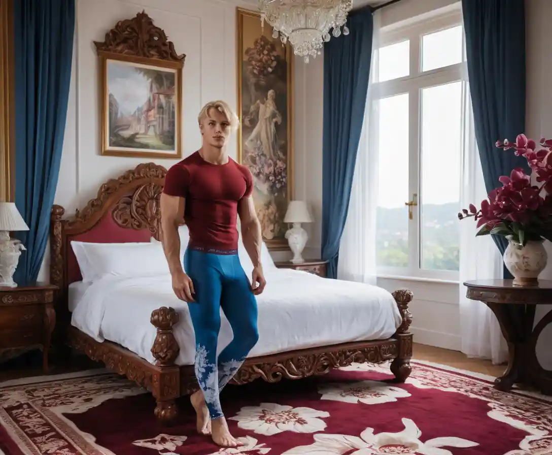 Blond muscular man in red shirt by luxurious bed