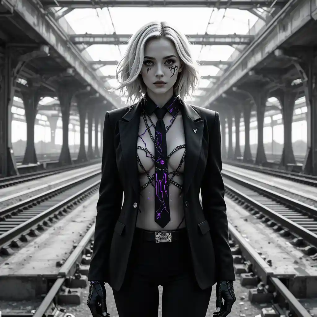 Glitch scarred woman in suit at endless maglev yard