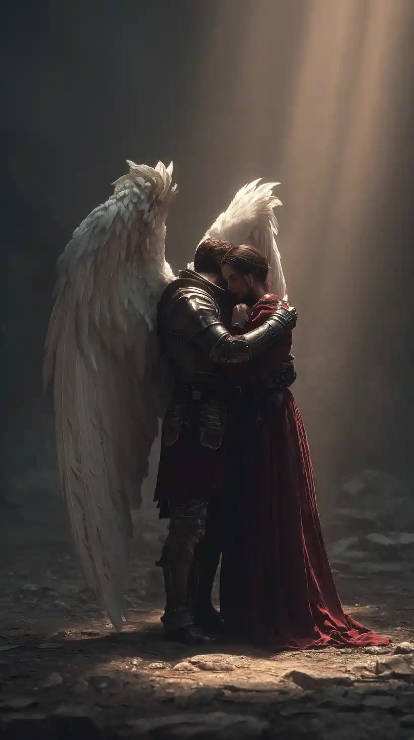 Medieval knight embracing a winged woman at night