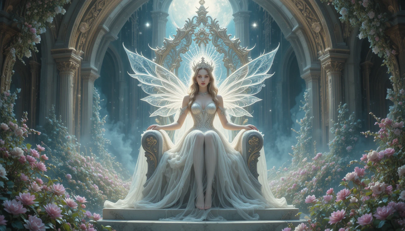 Mystical fairy queen on a moonlit crystal throne