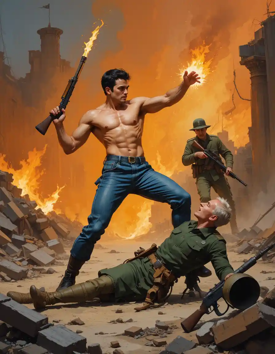 Muscular man attacking soldier in fiery war zone illustration