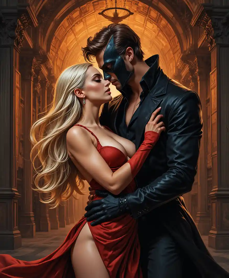 Pareja enmascarada besándose en un abrazo de fantasía dramático