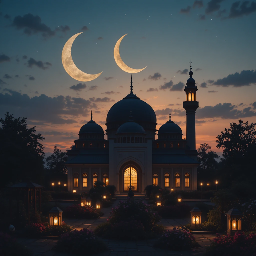 Noche tranquila de Ramadán con faroles brillantes y luna creciente