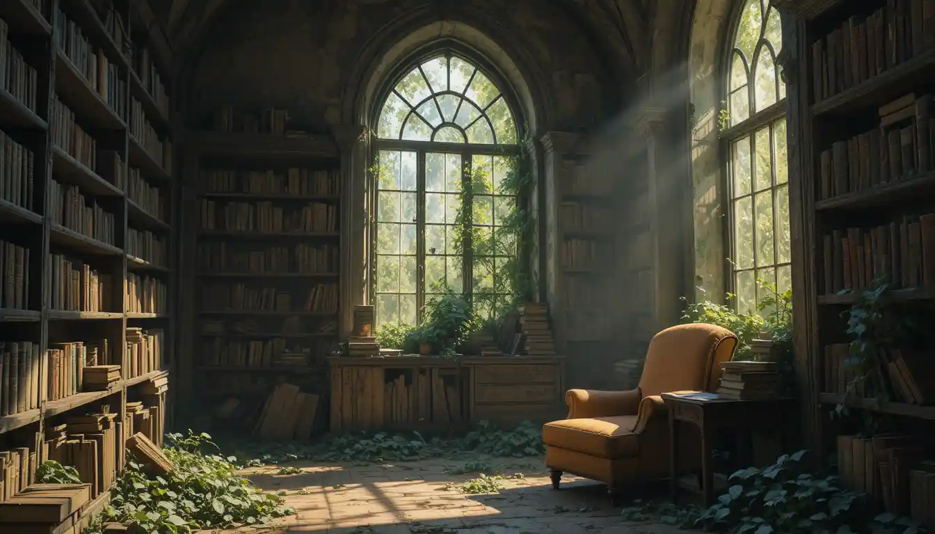 Sunlit ancient library with a single worn reading chair