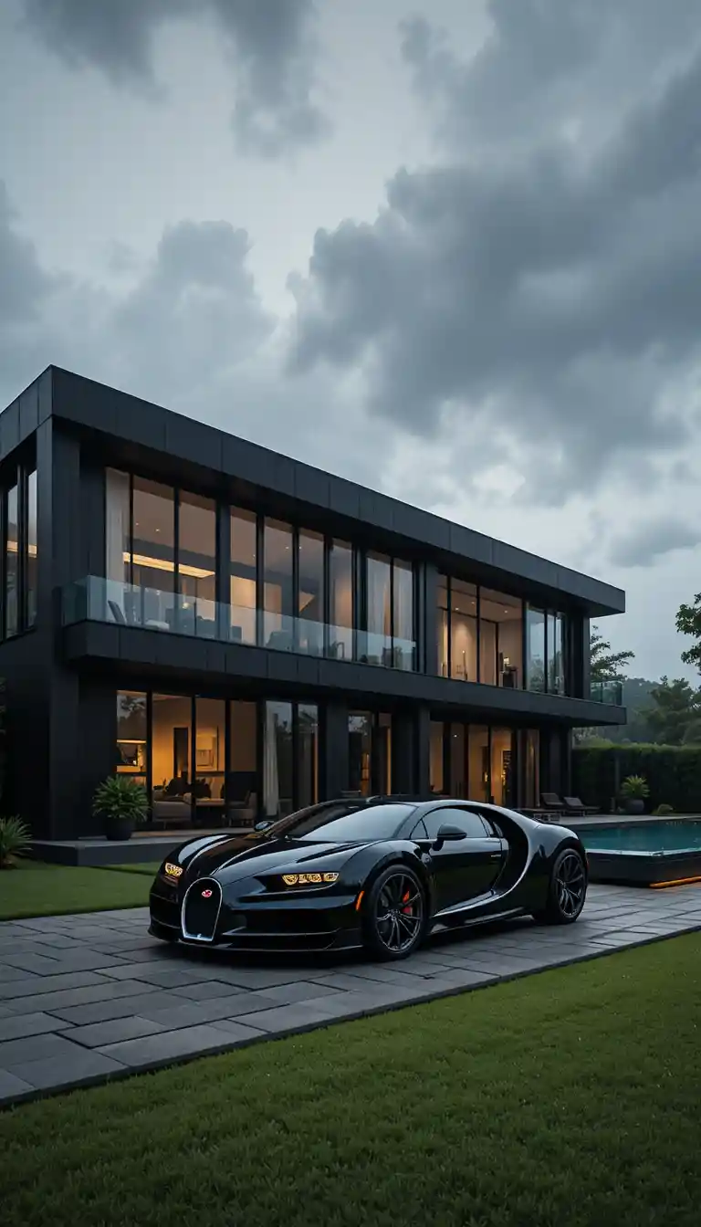 Luxury black modern villa with pool and sports car