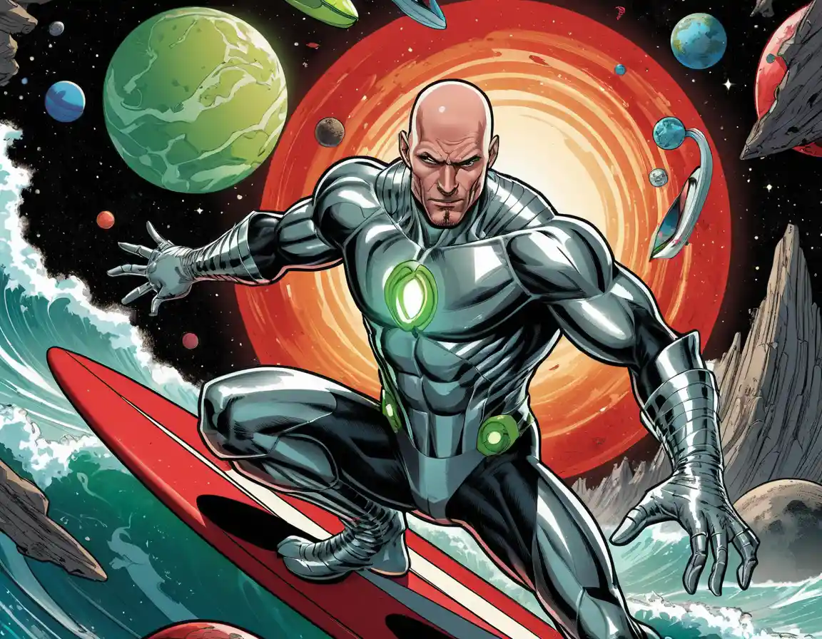 Muscular silver suited hero surfing through deep space