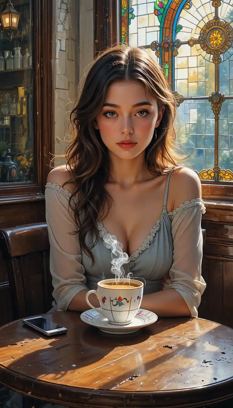 Young woman with coffee in a small cafe at morning light