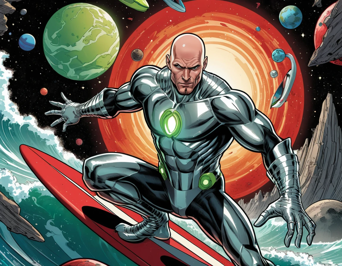 Héroe musculoso con traje plateado surfeando por el espacio profundo
