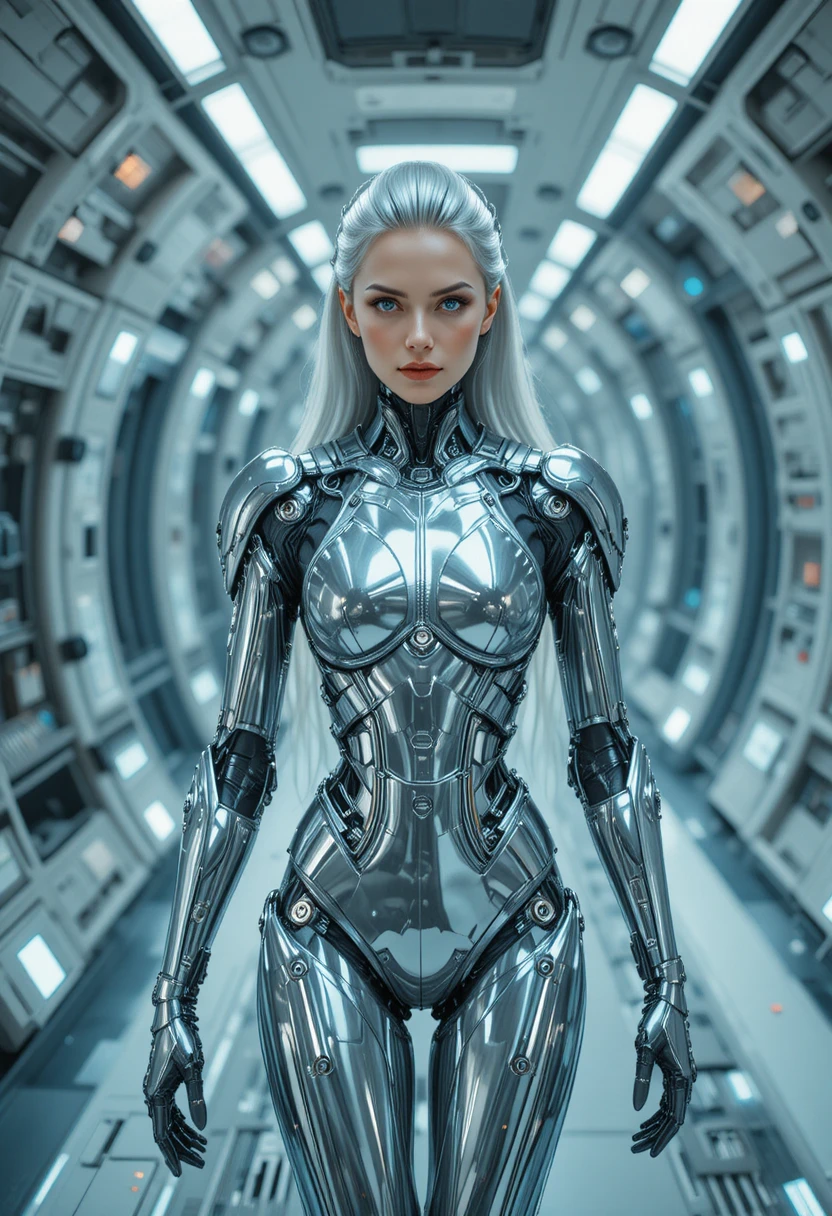 Female cyborg walking through a futuristic spaceship corridor