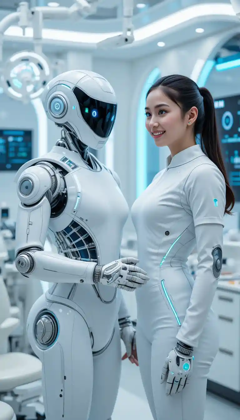 未來感女牙醫與人形機器人在診所