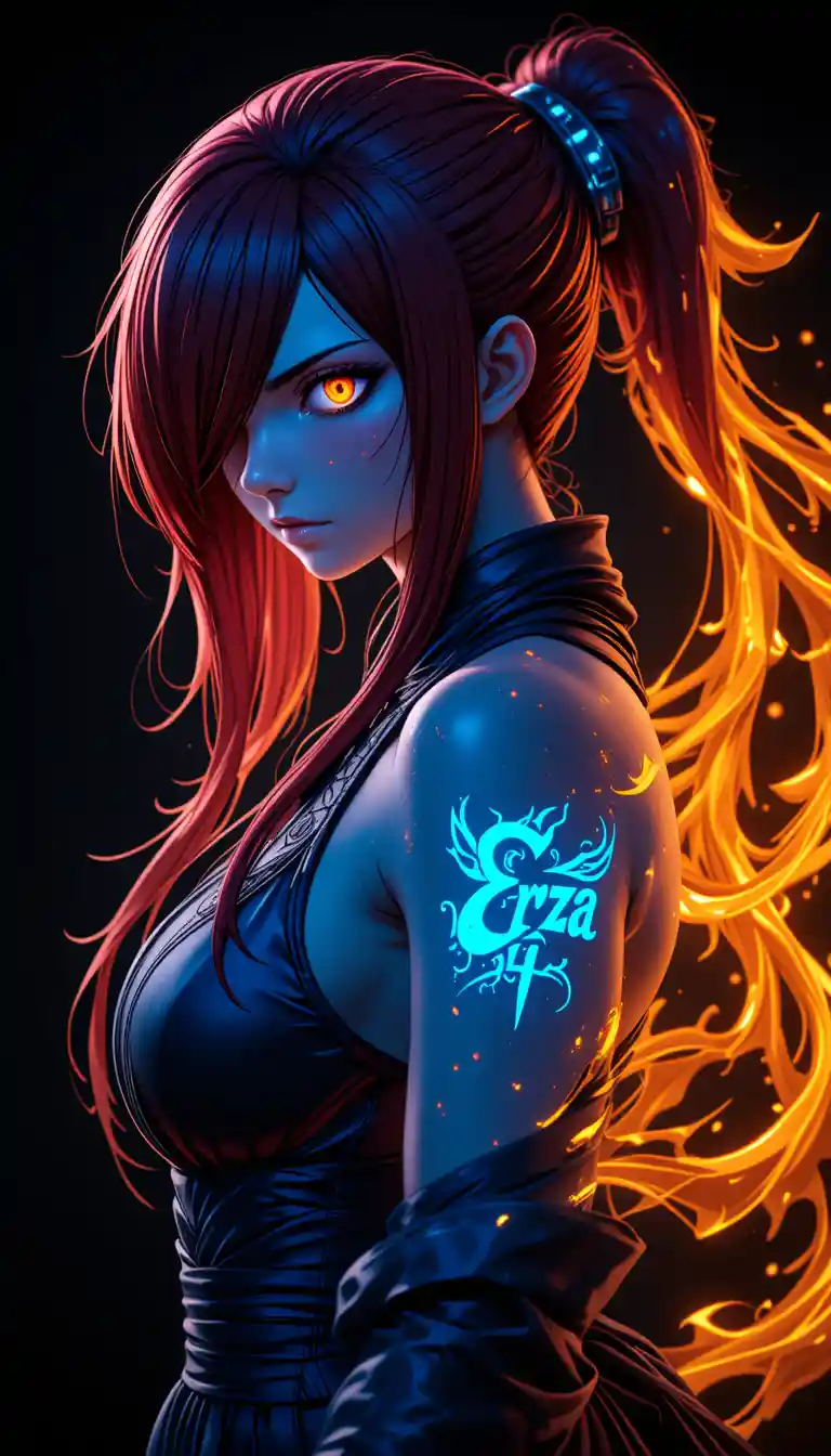 Anime warrior woman with neon flames and glowing tattoo