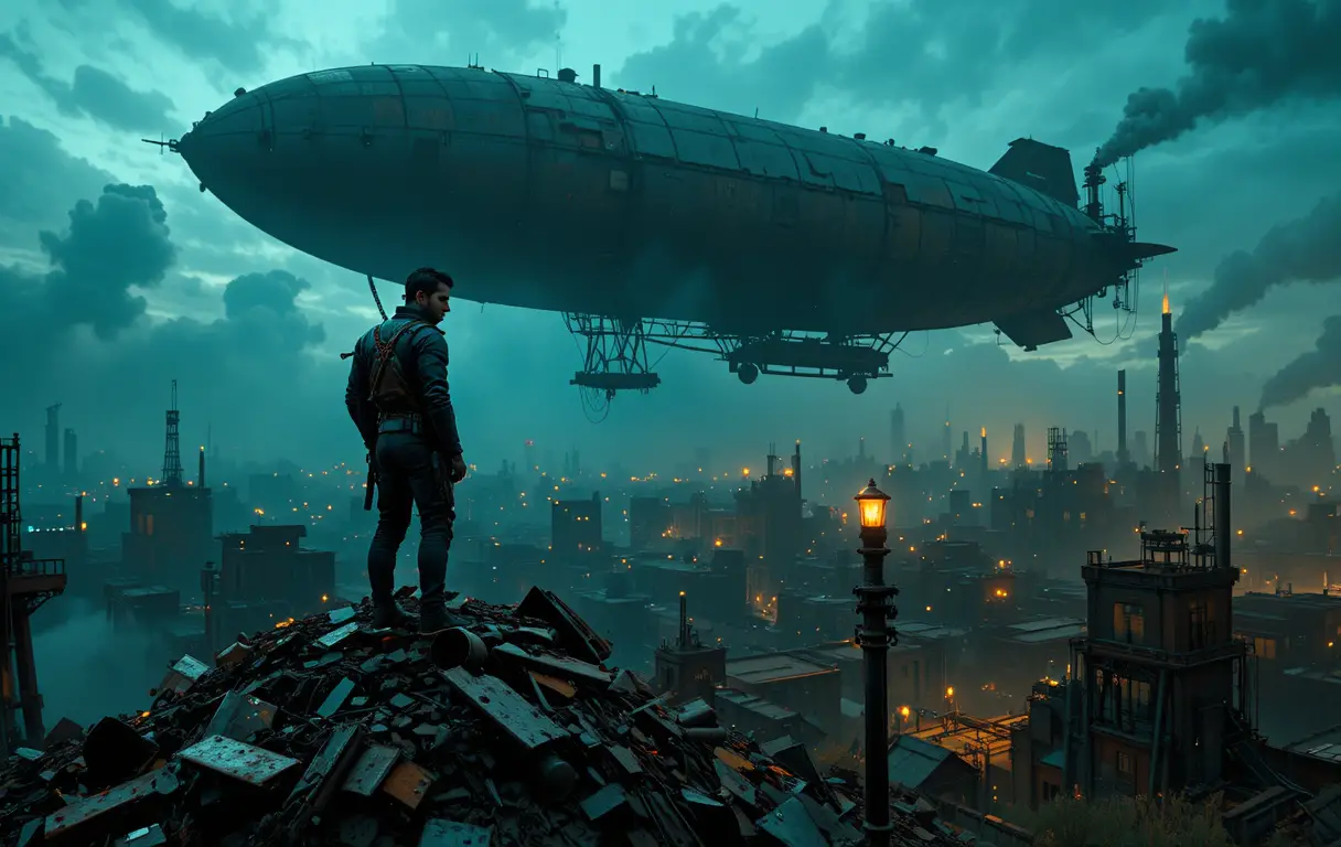 Lone scavenger on a mountain of scrap under looming airship