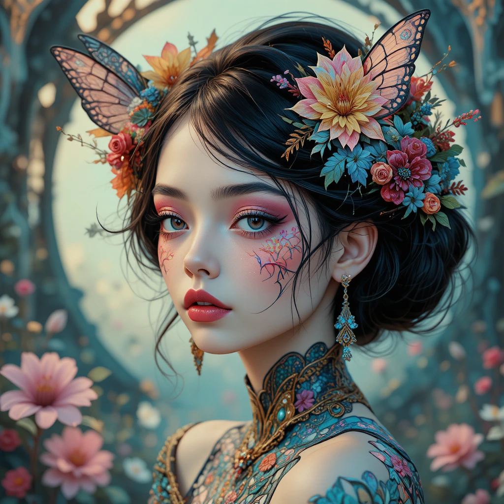 Whimsical woman portrait in dreamy fantasy illustration style