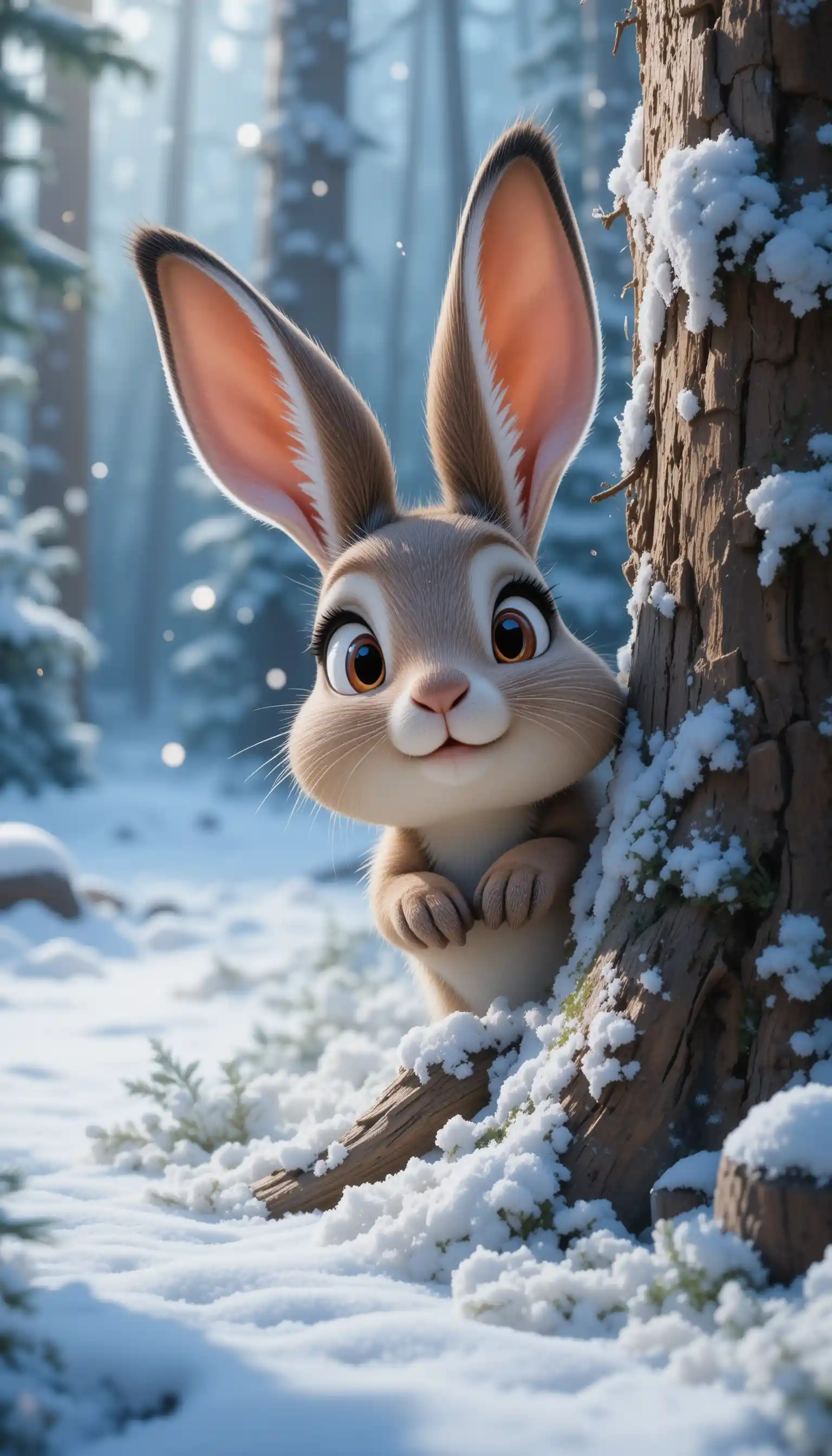 Curious snowshoe hare peeking behind a snowy forest log